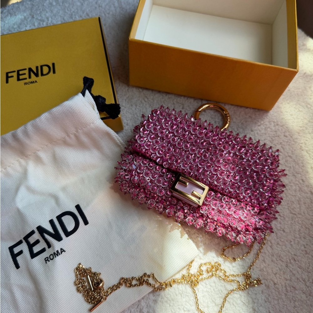 Fendi Pink Crystal Mini Bag Charm with Gold Chain and Hoop